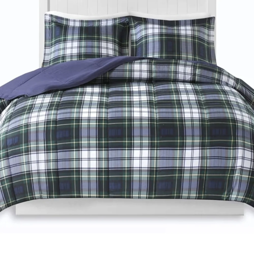 King Size Three Peace Bedding Set Navy Plaid Microfiber NWT